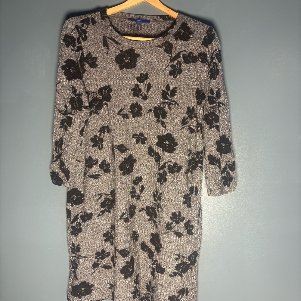 Apt. 9 Knit Black and Gray Floral 3/4 Sleeve Dress Size L